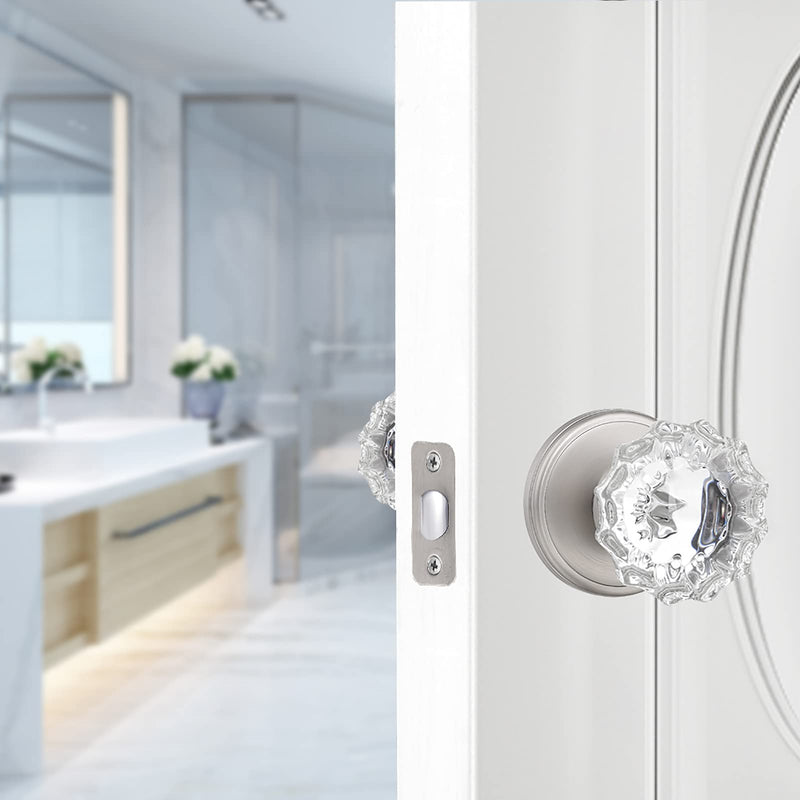 Privacy Glass Door Knobs Interior,Clear Crystal Door Knobs with Lock for Bedroom/Bathroom（Satin Nickel, 1 Pack Privacy 1Pack Satin Nickel