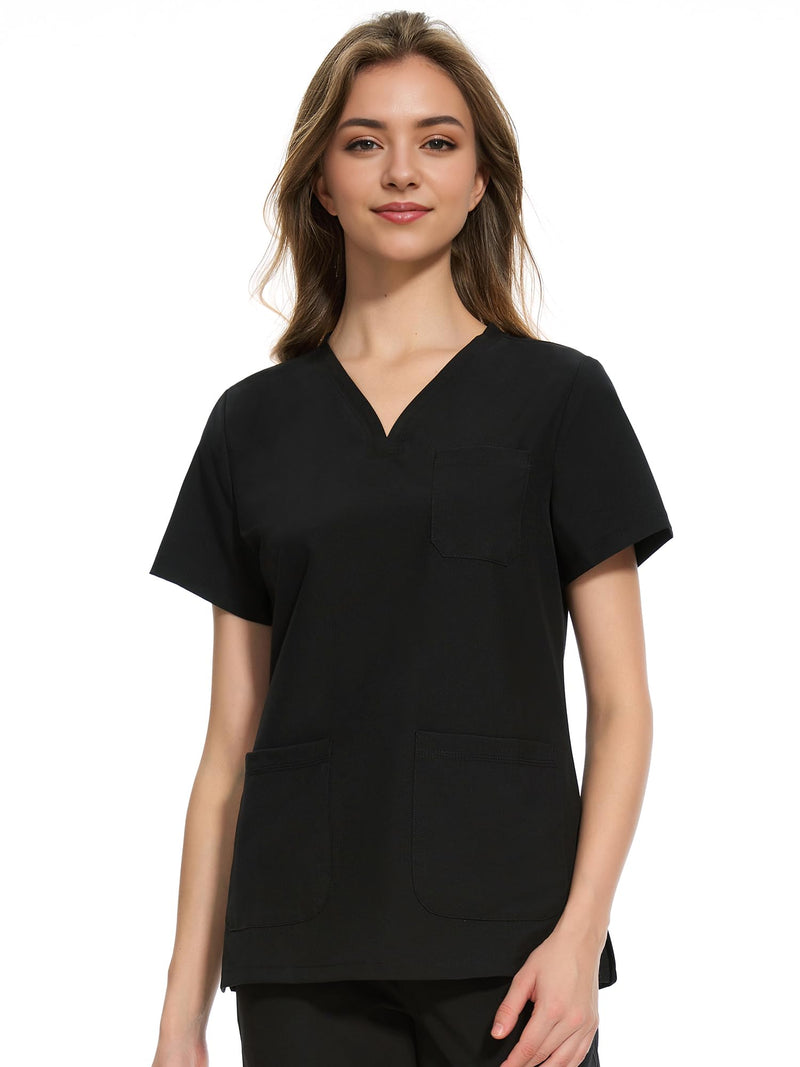 COZYFIT Medical Scrub Tops for Women - Soft Stretch,Curved V-Neck Scrub Tops with 3 Pockets Black X-Large