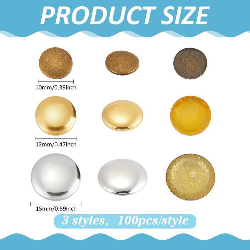PH Pandahall 300pcs 3 Styles Dome Studs, 10/12/15mm Round Flat Back Dome Studs Brass Iron on No-Sew Stud for DIY Crafts Clothing Denim Bag Hats Leather Shoes Decoration