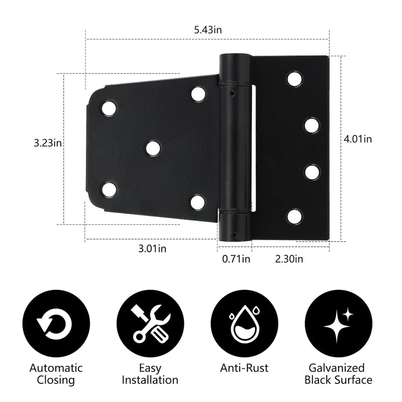 HOME MASTER HARDWARE Self-Closing Spring Gate Hinge 3-1/2" Heavy Duty Automatic T Hinges Steel Black Finish with Screws 2-Pack for Wood Fence Gate Vinyl Shed Door 3-1/2 Inch 2Pack - Black