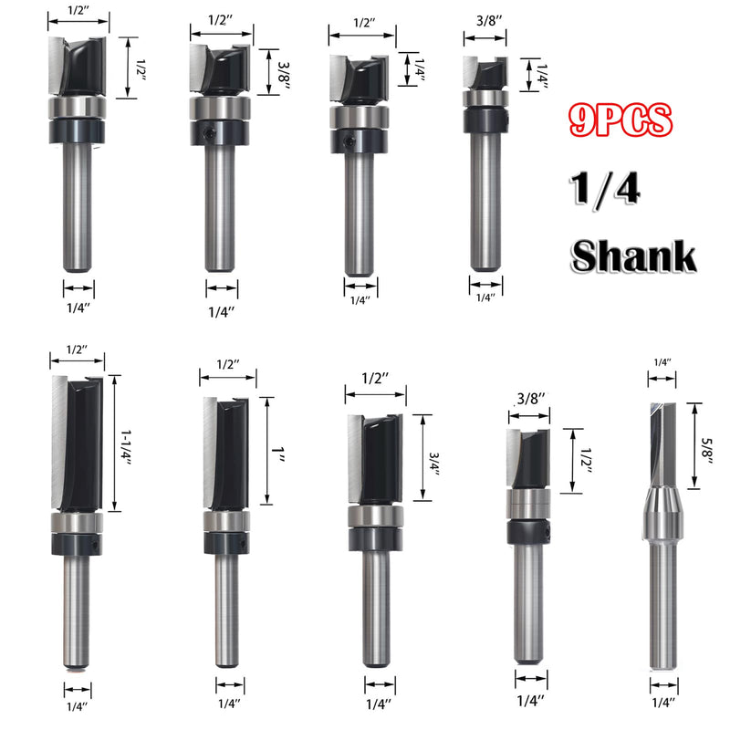 9pcs Pattern Flush Trim Router Bit 1/4 Shank, Carbide Tipped Top Bearing Template Pattern Router Bit, Straight Flush Cut Router Bit, for Wood Trimming 9pcs Pattern Bit 1/4 Shank