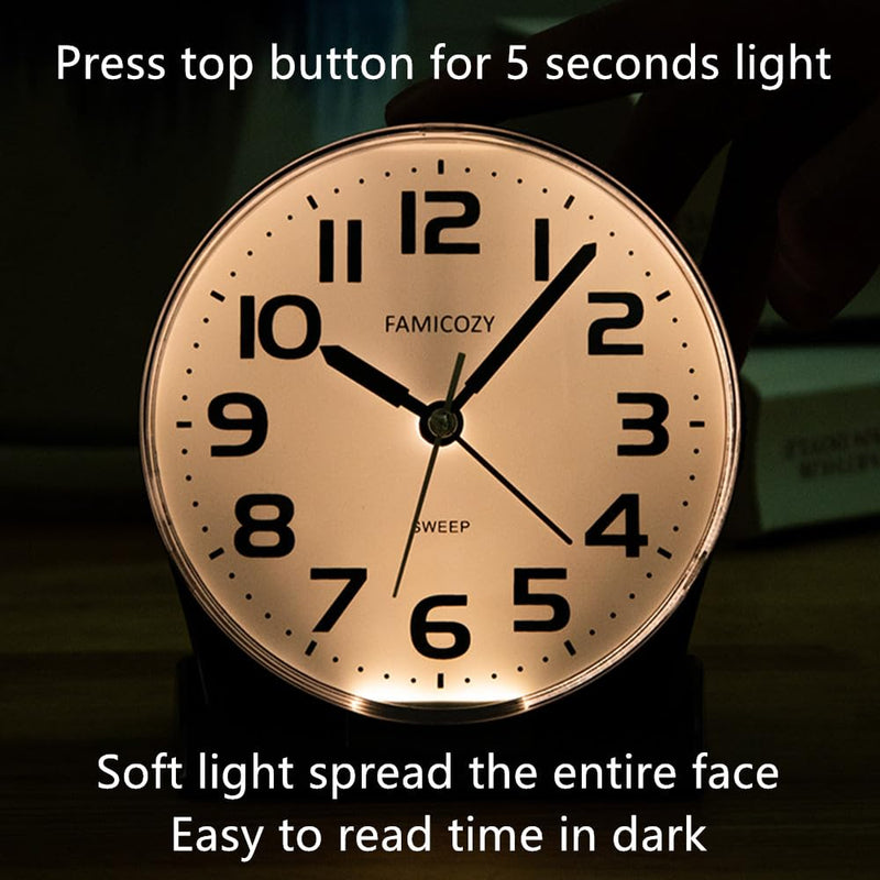 FAMICOZY 4.5" No Ticking Analog Alarm Clock,Silent Readable for Seniors,Easy to Set,Gradual Rise Alarm,Big Numbers,On/Off Switch on Side,Gentle Wake,Snooze Soft Backlight,Battery Operated,Black Black
