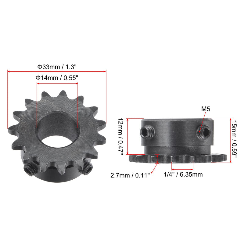 uxcell 15 Tooth Roller Sprocket B Type, #25 Chain, Single Strand 1/4" Pitch, 14mm Bore Black Oxide C45 Carbon Steel with Set Screws for ISO 04C
