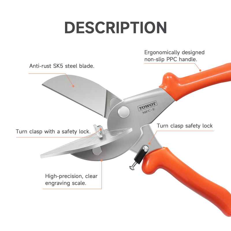 TOWOT Sharp Multi Angle Miter Shear Cutter, Adjustable at 45 To 135 Degree With Safety Lock Hand Tools for Cutting Plastic, PVC and Molding Trim Miter shears