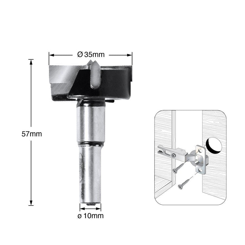 Timberline 620-350 Carbide Tipped Hinge Boring Bit R/H 35mm D x 57 mm Long x 10mm SHK