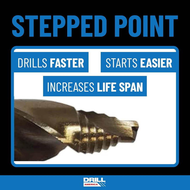 Drill America 7 Piece Cobalt Stepped Point Metric Drill Bit Set (3.00mm, 4.00mm, 5.00mm, 6.00mm, 7.00mm, 8.00mm, 10.00mm), GSC Series 7 Piece Set