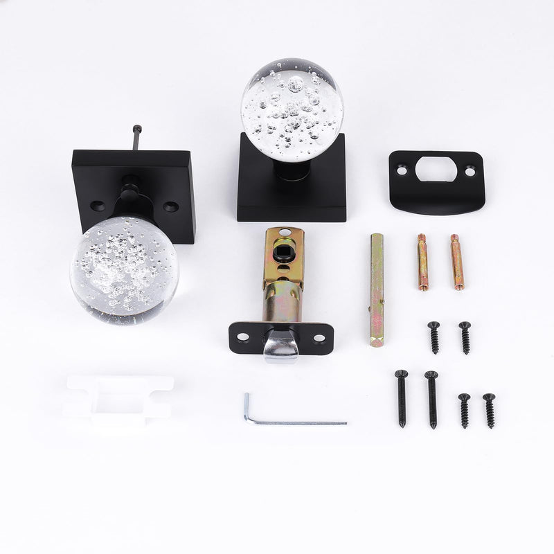 Glass Crystal Door Knobs Interior with Lock, Round Clear Bubble Ball Modern Classic Matte Black Privacy Door Knobs for Bedroom Bathroom