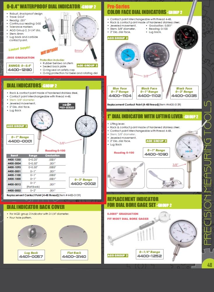HHIP 4400-1100 Pro Series AGD Group 2" Dial Indicator, .0005" Graduation, 0-100 Reading, 0-1" Range 0-1" Range, .0005" Graduation