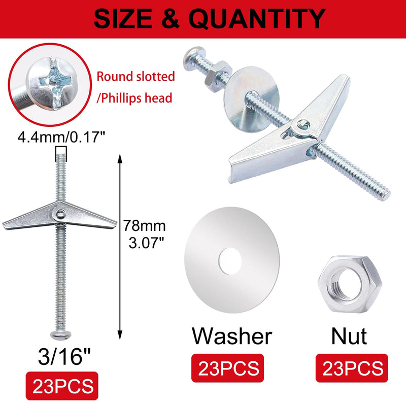 92Pcs 3/16Inch Toggle Bolts for Drywall, Butterfly Anchors Heavy Duty Drywall Anchors and Screws Kit, Toggle Bolts and Wing Nut Kit with Nuts Washers for Hollow Wall, Ceiling (23 Set)