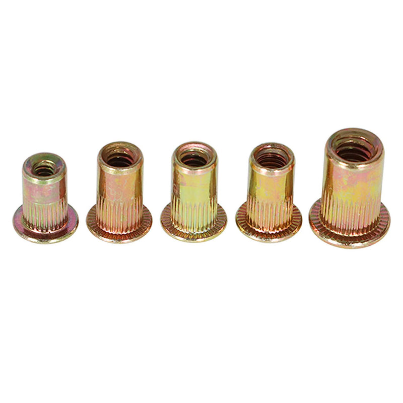 150Pcs Rivet Nuts SAE (1/4-20 10-32 10-24 8-32 6-32) Rivet Nut Assortment Kit Carbon Steel Flat Head Threaded Insert Nutserts 1/4-20 10-32 10-24 8-32 6-32