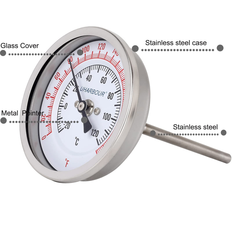 3" Dial Fully Stainless Steel Thermometer for Pot, Kettle, Brewing Bimetal, 4" Stainless Steel Stem, 0-250 deg F/-20-120 deg C, Accuracy +/-1%, Adjustable, 1/2" NPT Back Mount… 0-250°F / 4Stem( 3") - NewNest Australia