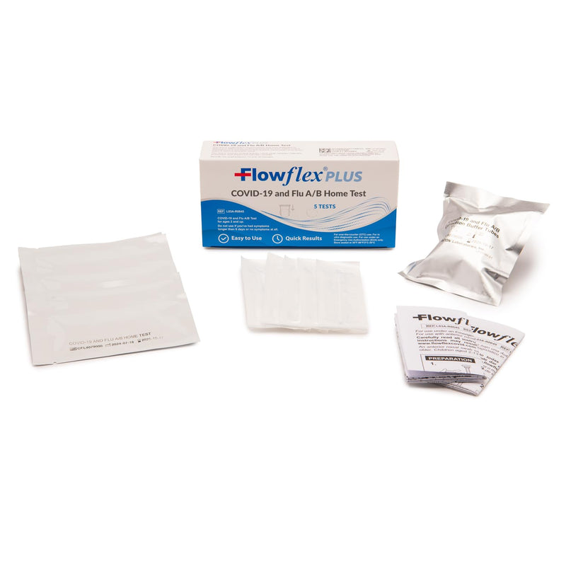 Flowflex® Plus COVID-19 and Flu A/B Home Test - (1 Package, 5 Tests) Flu A&B 3-in-1 Antigen Rapid Test, Results in 15 Minutes, FDA Authorized. Non-invasive Nasal Swab, Easy to Use with No Discomfort 1 Pack, 5 Tests