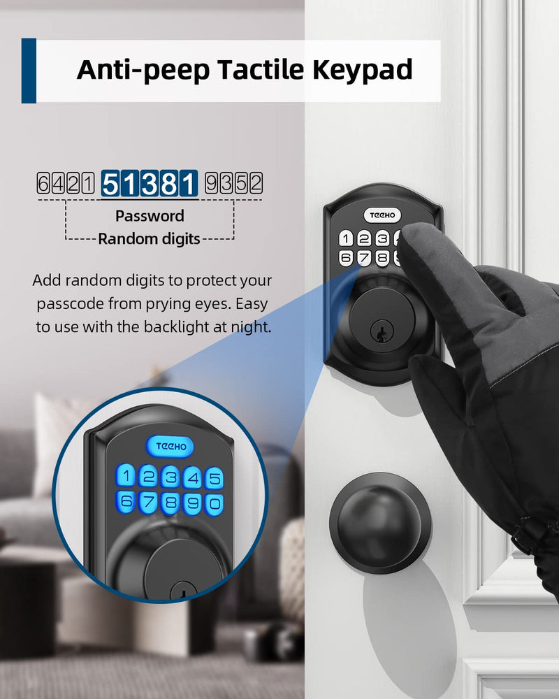 TEEHO TE001K Keyless Entry Door Lock with Handle, Electronic Keypad Deadbolt with 2 Knobs, High-Security Front Door Handle Set for Home & Rental, Smart Auto-Locking, Easy Install, Matte Black