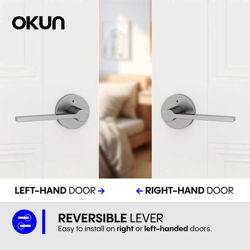 Okun Muse 1-Pack Brushed Nickel Privacy Door Levers – Push Button Lock, Reversible, Sleek Concealed-Mount Design for Bedroom & Bathroom 1 Pack