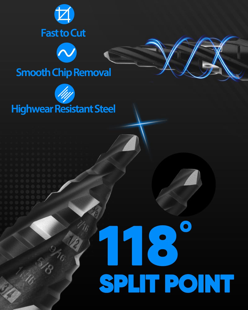 M35 Cobalt Step Drill Bit for Metal, Carbon Steel, Stainless Steel, Wood, Plastic,3 PCS, 1/8"-7/8" 1/8"-7/8"（3PCS）