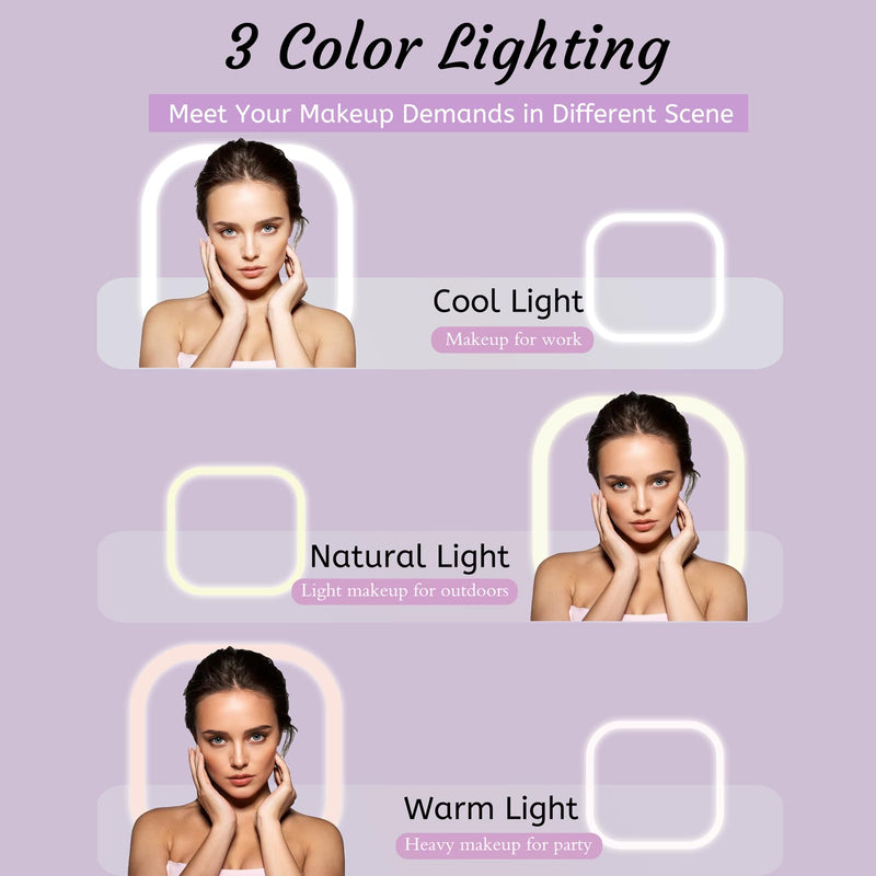 Compact LED Travel Makeup Mirror, Rechargeable Double Sided 1X/10X Magnifying Mirror, 3 Color Lighting, Dimmable Touch Screen, Foldable Lighting Mirror with USB Data Cable White