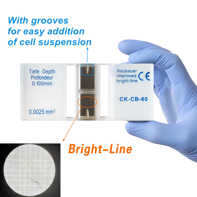 Cell Counting Chamber Hemocytometer Neubauer Improved Blood Counting Chamber with Bright Line and 2 pcs Coverslips (Groove) Groove