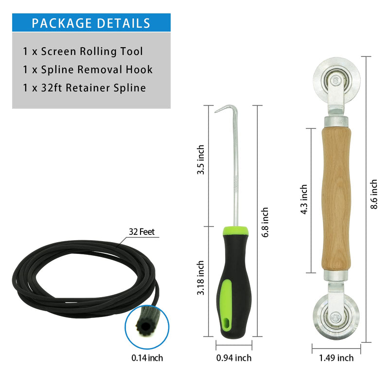 Screen Repair Kit - Screen Roller Tool with Bearing, Screen Retainer Spline(32ft) and Spline Removal Hook for Installing & Replacing Window Patio Sliding Door 3in1 Screen Tool Kit