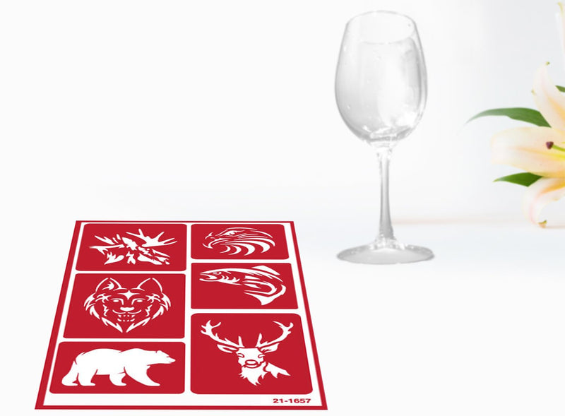 2 Reusable Glass Etching Stencils - Wildlife, Moose, Bear, Wolf, Deer, Antler Etch Themed Stencil - Wild Animal, Deers Theme Design - Set Includes Brush