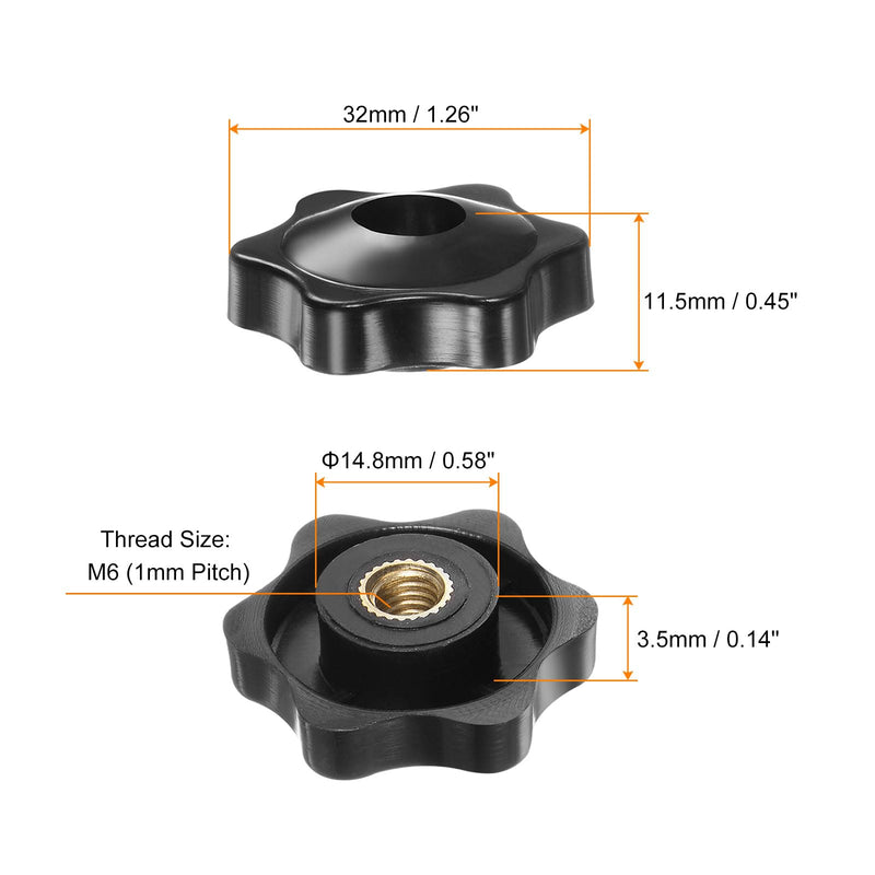 HARFINGTON 4pcs Star Knobs M6 Female Thread 32mm Head Plastic Through Hole Brass Screw-in Clamping Handles Threaded Hand Knobs, Black M6 x 32mm