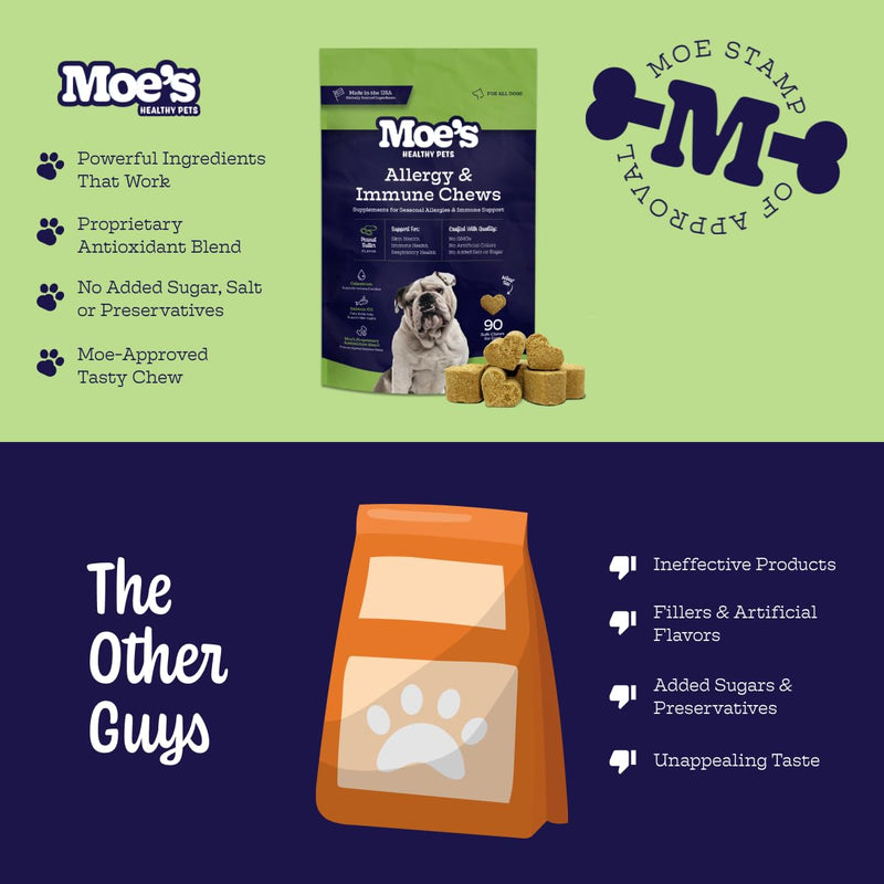 Moe’s Allergy and Immune Support for Dogs- Supports Anti-Itch, Seasonal Allergies- Omega 3 Wild Alaskan Salmon Fish Oil- Dog Allergy Treatment, Skin Health- Made in USA- 90 Chews (Peanut Butter) Peanut Butter - PawsPlanet Australia