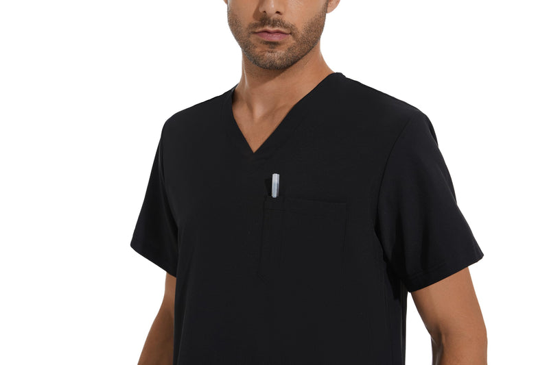 COZYFIT Men Scrubs Set — Stretch V-Neck Scrub Top & Jogger Pant with 8 Pockets, Yoga Waistband, Anti-Wrinkle Scrubs for Men Black Large