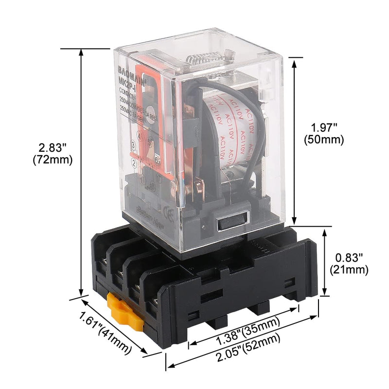 Baomain 2-Pack Power Relay MK2P-I 110VAC Coil DPDT 8 Pin with Plug-in Terminal Socket, for Automation and Control Systems