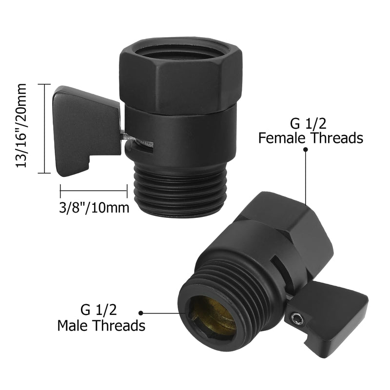 2 Pack Black G1/2 Shower Head Flow Control Valve with Metal Handle, Water Regulator Shut-Off Valve for Handheld Shower or Bidet Sprayer, Matte Black Finish 2 Pack