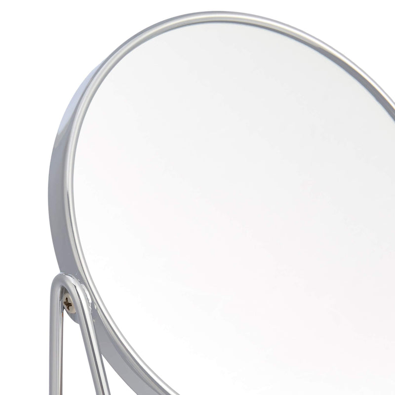 Amazon Basics Vanity Round Tabletop Mirror with 360° Rotation, Double Sided 1x/5x Magnification, Chrome Finish, Squared Bamboo Tray, 7.2"L x 3.35"W 7.2"L x 3.4"W Chrome Rim with Bamboo Base