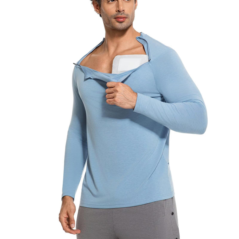 Chemo Port Shirts for Men Post Shoulder Surgery Recovery Shirts Long Sleeve Dual Chest Zips Shirts Blue Small