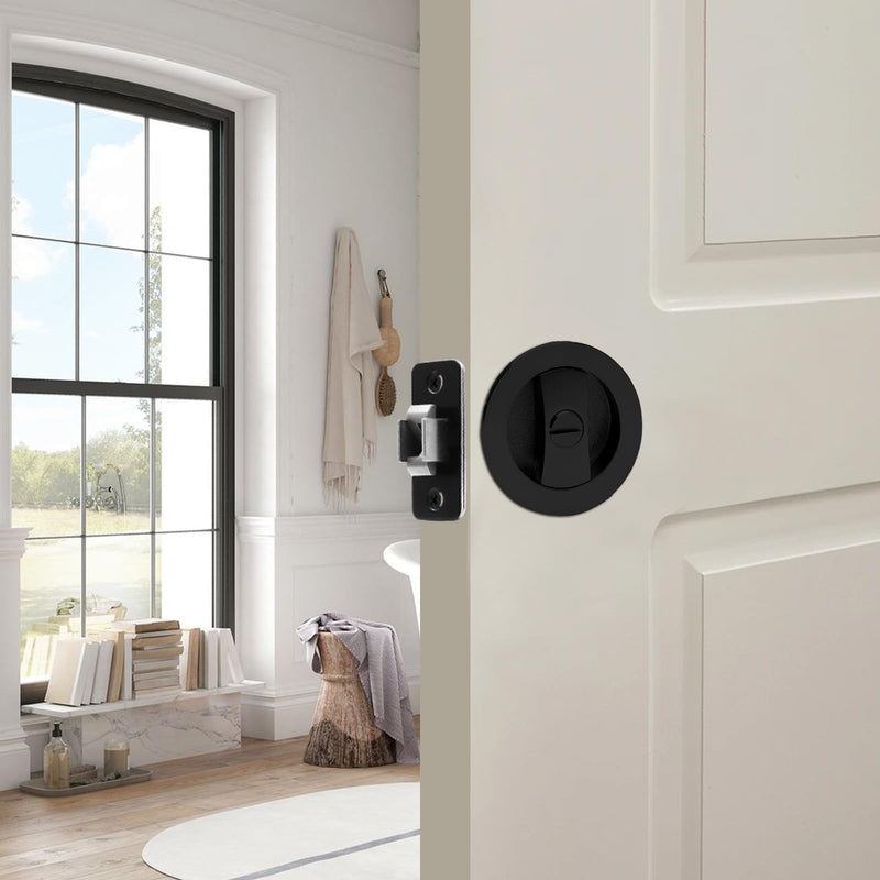 Pocket Door Lock, Matte Black Pocket Door Hardware Round Door Lock, Privacy Sliding Bifold Door Locks for Bathroom Bedroom Round/ Privacy (rotary knob)