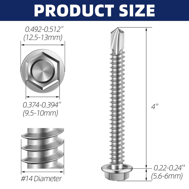 #14 x 4" (3/4" to 4" Available) Hex Washer Head Self Drilling Sheet Metal Screws with Drill Point, Stainless Steel 410, 20 PCS #14 x 4"