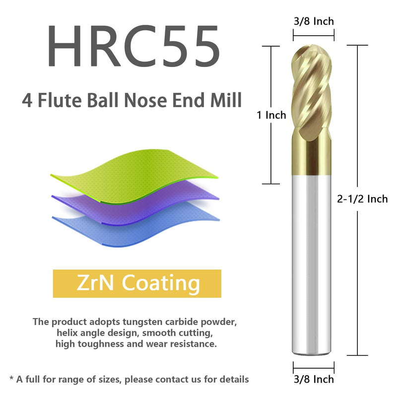 3/8" Solid Carbide Ball Nose End Mill 4Flute End Mill Bits Set with ZrN Coated for Alloy Steels, Hardened Steels 3/8 inch ZrN Coating