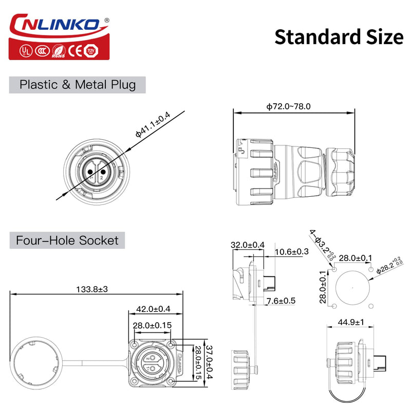 CNLINKO YM-24 2 PIN Industrial Waterproof Connectors, IP68 Circular Connector, PBT Plastic Shell Quick Plug Aviation Connector, M24 Panel Mount Flange Socket (2 Pin)