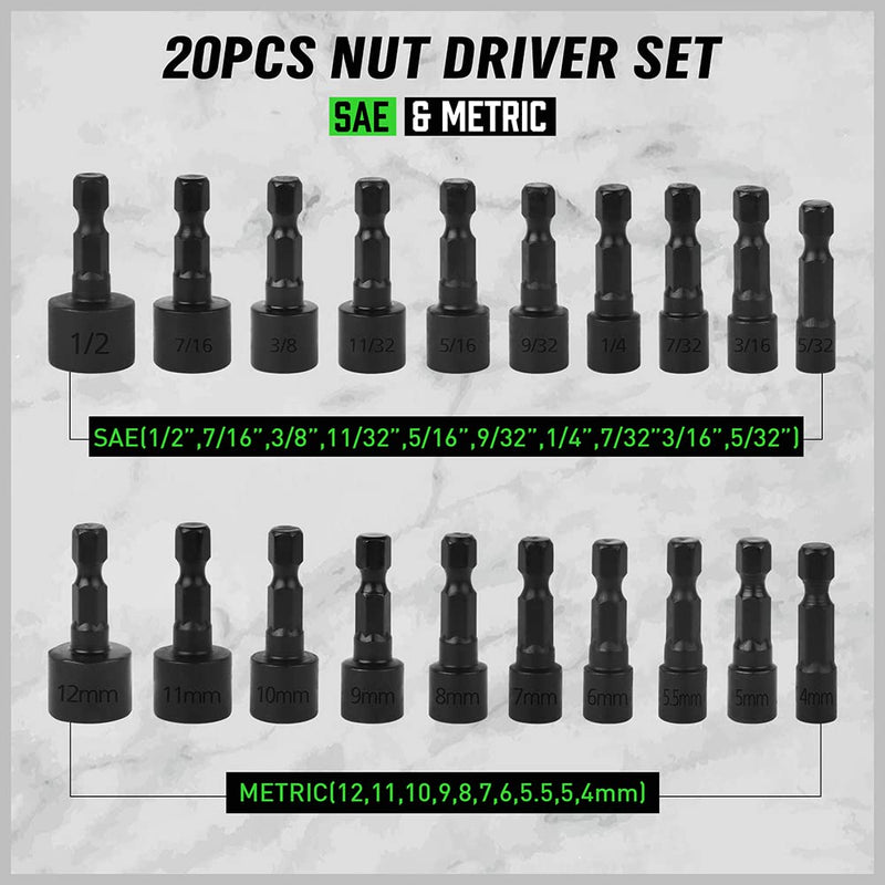 SWANLAKE 20PCS Power Nut Driver Set for Impact Drill, 1/4” Hex Head Drill Bit Set SAE and Metric