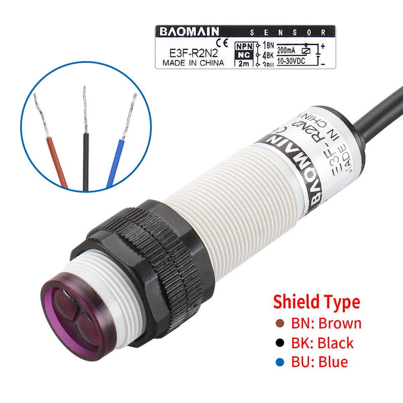 Baomain Photoelectric Sensor E3F-R2N2 Retroreflective Optical Sensor Switch DC 10-30V NPN NC Sensing Distance 2m with Reflector Panel