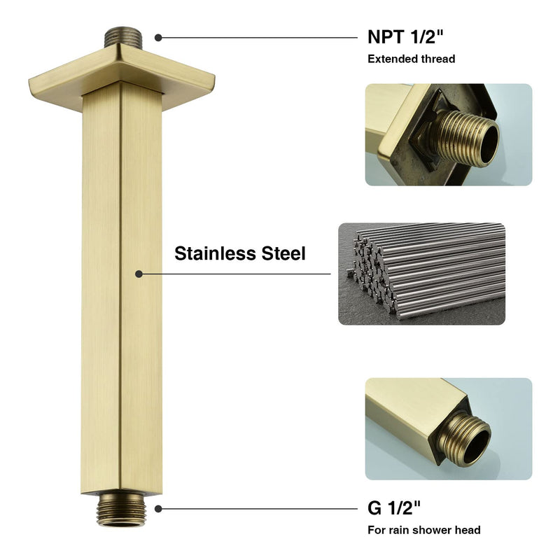 Brushed Gold Shower Arm with Flange 6 Inch Straight Stainless Steel Top Rainfall Shower Head Extension Pipe Square Shaped 6 Inches Brushed Gold