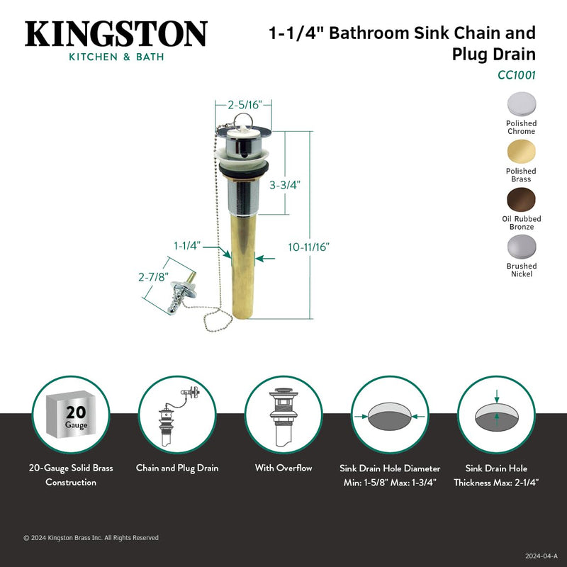 Kingston Brass CC1002 Concord 20 Gauge Pull-Out Lavatory Drain with Stopper, 2-5/16", Polished Brass