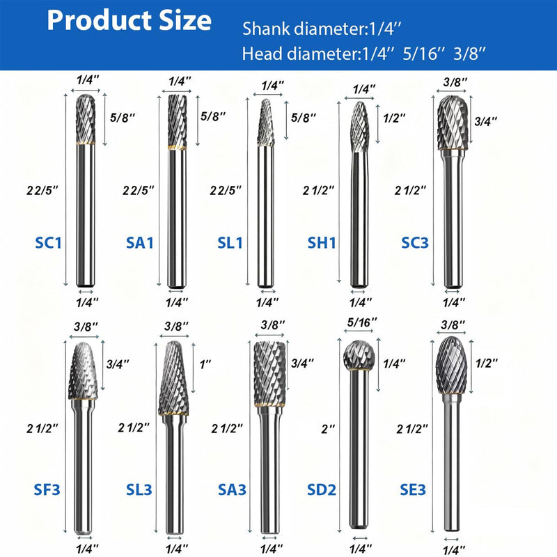 10PCS Carbide Burr Set 1/4" Shank for Dremel Wood Carving Bits，Carbide Drill，Metal Grinding，Burr Bits for Metal CB6SD-10