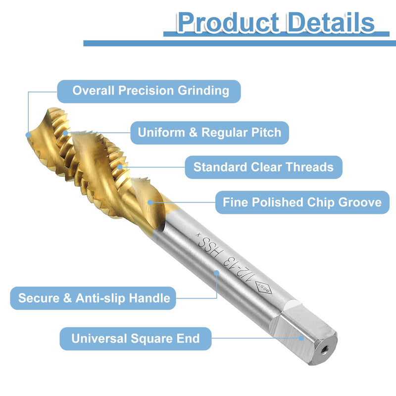 uxcell 4pcs Spiral Flute Thread Taps, 1/2-13 UNC H2 Screw Threading Tap, Titanium Coated 6542 High Speed Steel Machine Tapping Tools for Machinist Repair