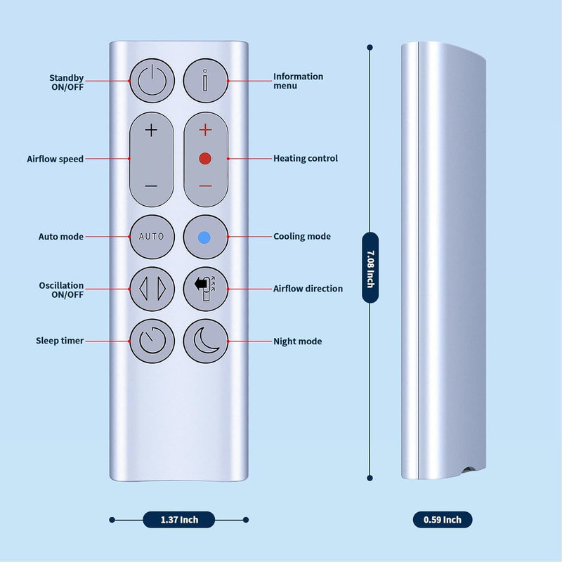 Replacement Remote Control for Dyson HP04 HP07 HP4A Pure Hot + Cool Heater Fan Air Purifying/Heater - No Magnetic, with Battery（Color: Silver）