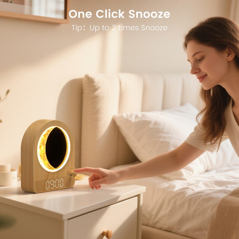 Sunrise Alarm Clock, White Noise Machine & Meteor Moonlight - 10 Soothing Sounds, Dual Alarms, 30/60/90min Timer, Easy Snooze - Bedroom Gift for Insomnia Adults/Women - Wood Grain