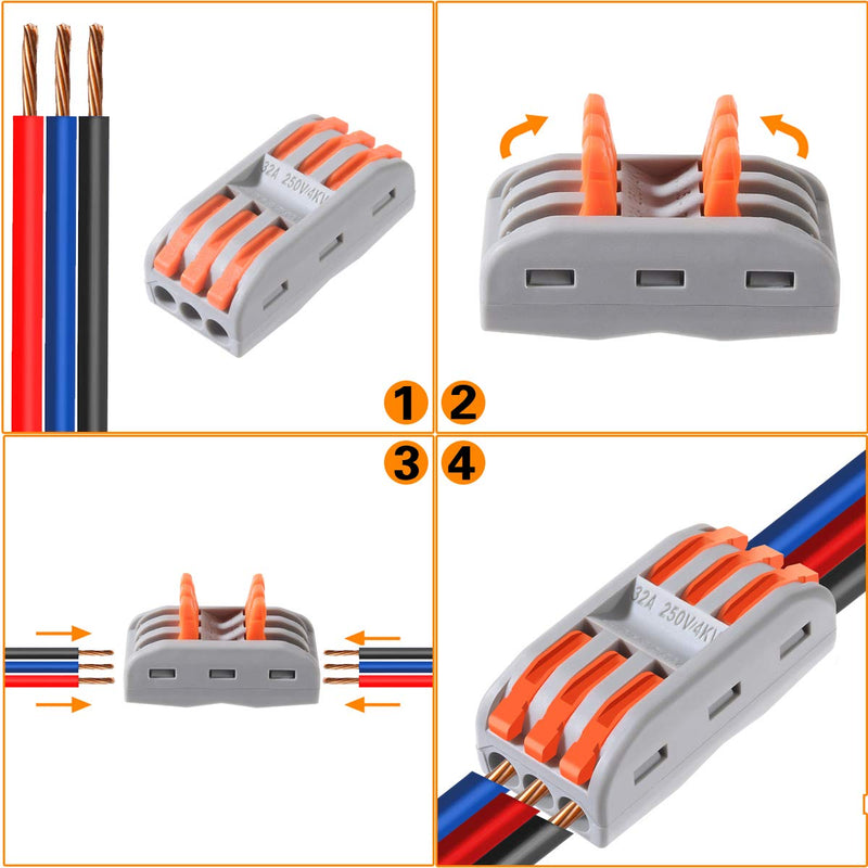 10pcs Conductor Compact Connectors Lever Wire Nut Electrical Connectors with Fixed Base for 3 Circuit Inline Splices 28-12 AWG 10 Pcs 3 series circuit