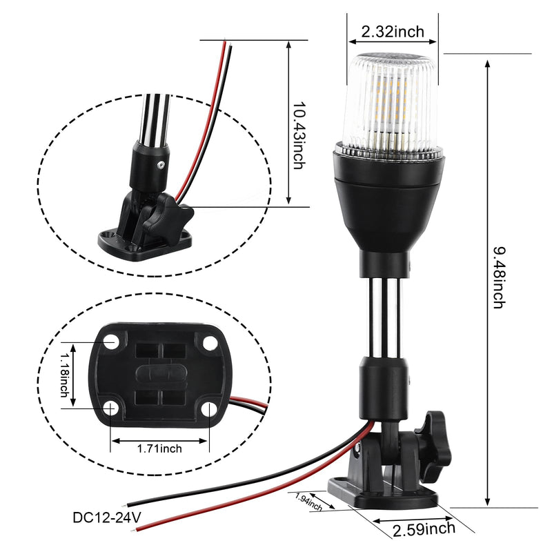 LED Tri-Color Navigation Light,Bimini Top Red-Green-White Combination Boat Bow Light & Anchor Light, Stainless Steel Foldable Pole Base, 10-24V DC,10 Inches
