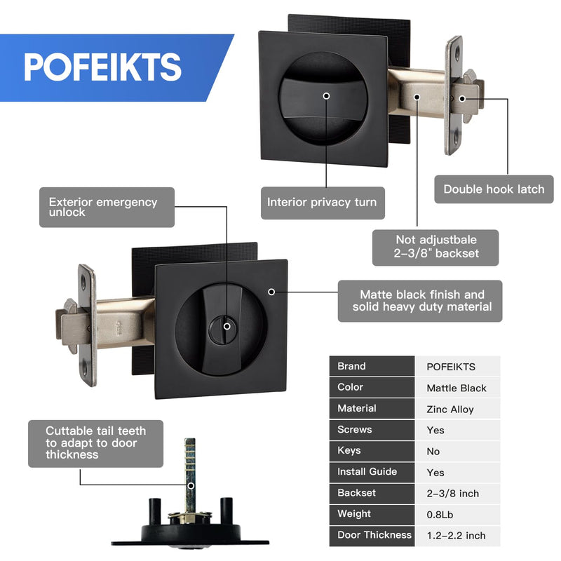 Matte Black Pocket Door Hardware with Privacy Lock & Latch - Contemporary Style for Square Pocket Doors(1 Pack) 1 Pack Matte Black