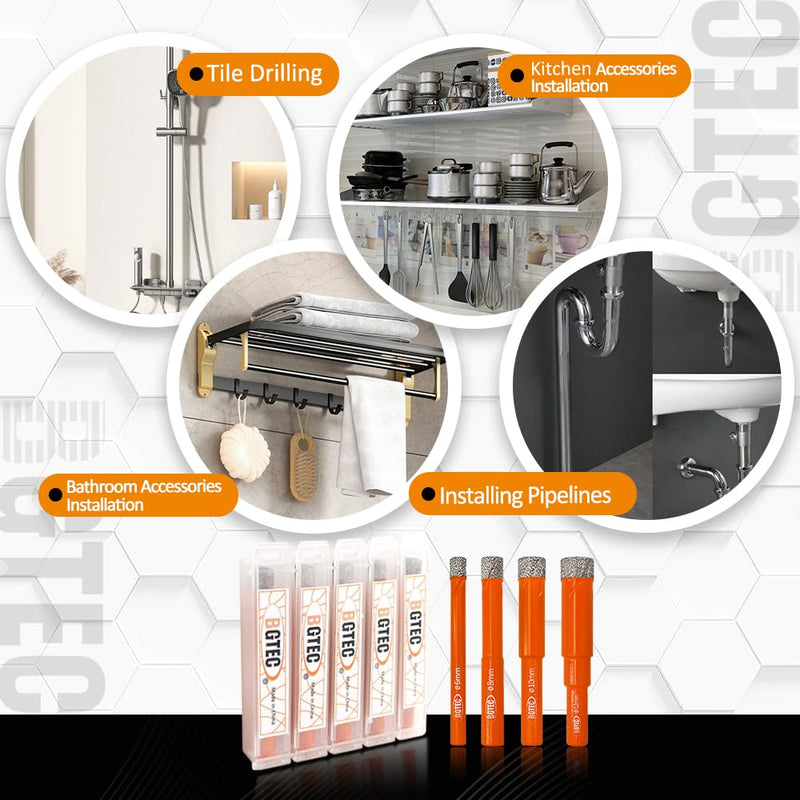 Dry Diamond Drill Bit Set,BGTEC 10pcs 1/4" 6mm Hole Saw for Granite,Marble,Masonry, Concrete, Tile/Ceramic, Glass, Hard plastic,Vacuum Brazed Diamond Core Drill Bit Kit