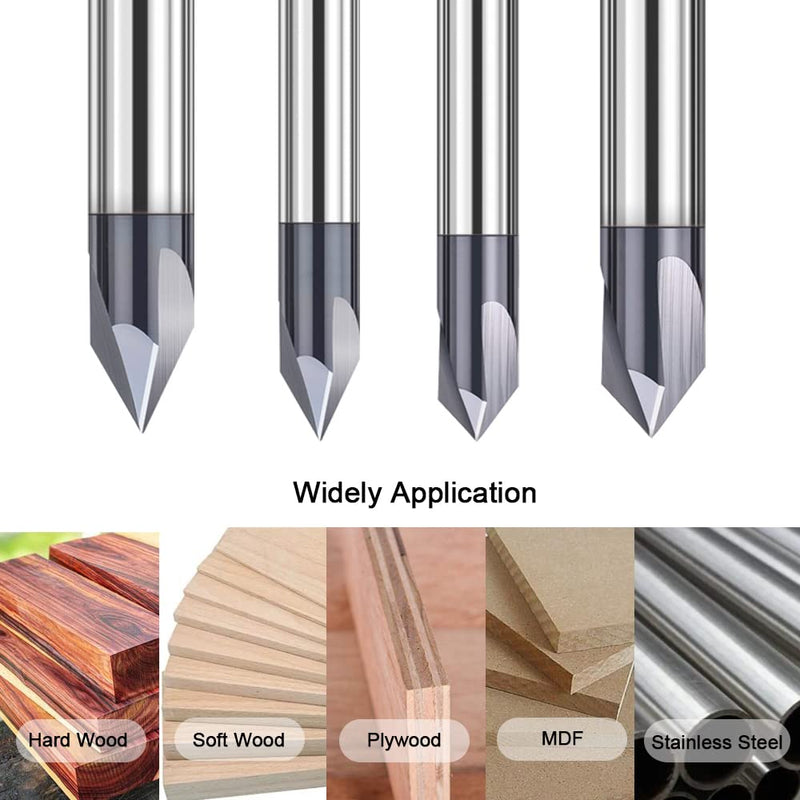 ASNOMY 4Pcs Carbide Chamfer End Mill V Groove Router Bit 60 Degree and 90 Degree, 3 Flutes CNC Milling Cutter V Bits for Carving and Engraving 4 5/32" & 1/4", 60 & 90 Degree