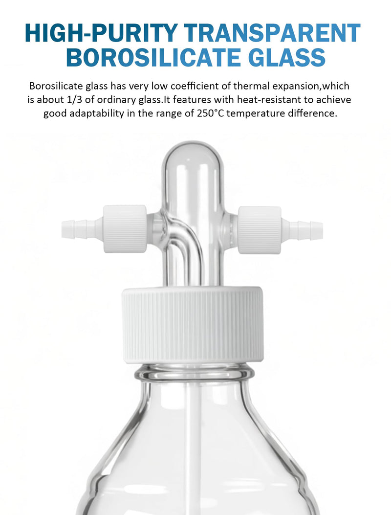 Lab Gas Washing Bottle with GL45 Screw Cap, Graduated Laboratory Buffer Bottles, Drechsel Head with Detachable Hose Connectors, 500ml, White PTFE Lid, Up to 250℃, Acid and Alkali Resistant PTFE-Caps