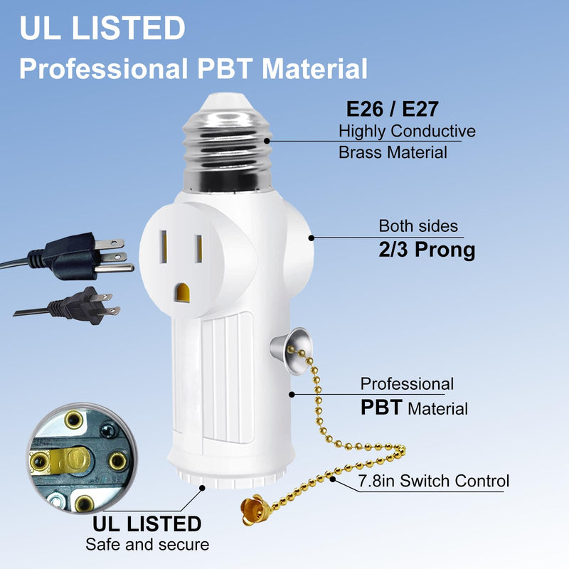 Light Socket to Plug Adapter,Convert E26 Light Socket to 3 Prong Outlet Adapter,Equipped with Bulb Control Switch,Polarized Light Socket Adapter Splitter,White,2 Pack White