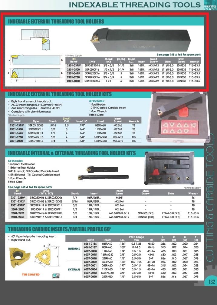 HHIP 2301-0500 500F16 External Indexable Thread ing Tool Holder 3-1/4" OAL, 1/2" x 1/2" Shank